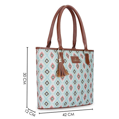 THE CLOWNFISH Aviva Printed Handicraft Fabric Handbag for Women Office Bag Ladies Shoulder Bag Tote for Women College Girls (Sky Blue-Diamond Design)