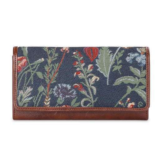 THE CLOWNFISH Sharon Collection Tapestry Fabric & Faux Leather Snap Flap Closure Womens Wallet Clutch Ladies Purse with Multiple Card Holders (Navy Blue-Floral)