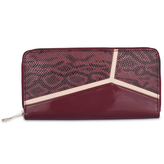 THE CLOWNFISH Katherine Collection Faux Leather Zip Around Style Womens Wallet Clutch Handheld Ladies Purse with Multiple Card Holders (Maroon)