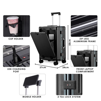 THE CLOWNFISH Ambassador Series Carry-On Luggage PolyCarbonate Hard Case Suitcase Eight Spinner Wheel Trolley Bag with TSA Lock, USB, Mobile Holder, Cup Holder- Black (56 cm-22 inch)