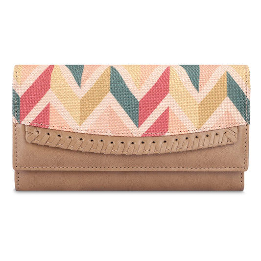 THE CLOWNFISH Ladyluxe Collection Printed Handicraft Fabric & Faux Leather Womens Wallet Clutch Ladies Purse with Multiple Card Slots (Cream-Wave Design)