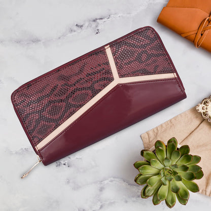 THE CLOWNFISH Katherine Collection Faux Leather Zip Around Style Womens Wallet Clutch Handheld Ladies Purse with Multiple Card Holders (Maroon)