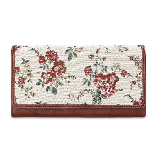 THE CLOWNFISH Sharon Collection Tapestry Fabric & Faux Leather Snap Flap Closure Womens Wallet Clutch Ladies Purse with Multiple Card Holders (White-Floral)