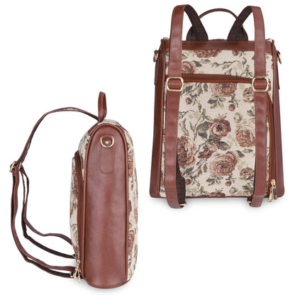 THE CLOWNFISH 10.5 Litres Akaya Collection Tapestry Fabric & Faux Leather Anti-Theft Back Open Style Womens Backpack Travel Backpack For College Going Girls - Brown-Floral