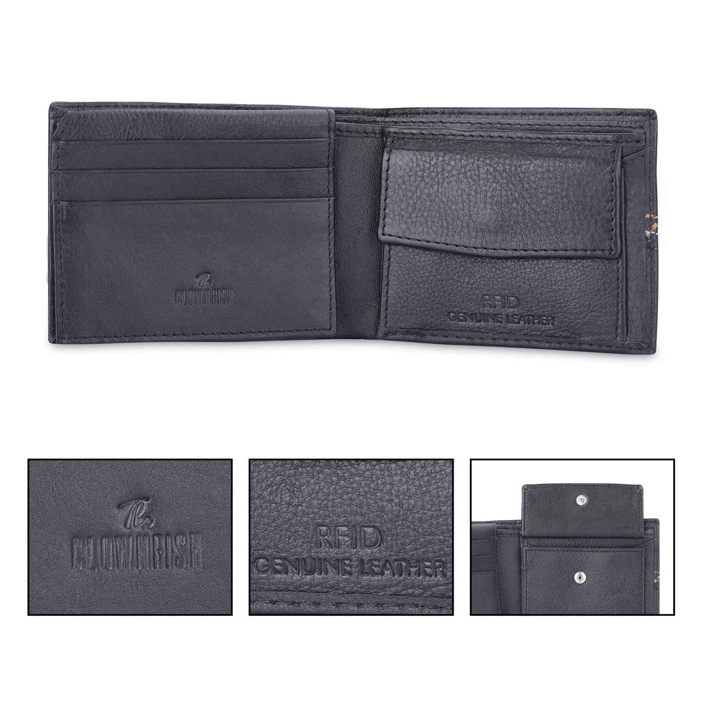 THE CLOWNFISH RFID Protected Genuine Leather Bi-Fold Wallet for Men with Multiple Card Slots & Coin Pocket (Black)