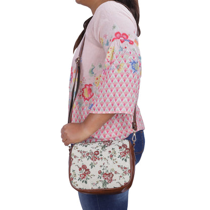 THE CLOWNFISH Garnet Series Tapestry Fabric Crossbody Sling Bag for Women Ladies Single Shoulder Bag Shoulder Belt (White-Floral)