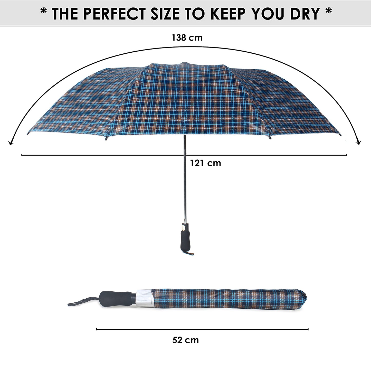 THE CLOWNFISH Umbrella 2 Fold Auto Open Waterproof Pongee Umbrellas For Men and Women (Checks Design- Peacock Blue)
