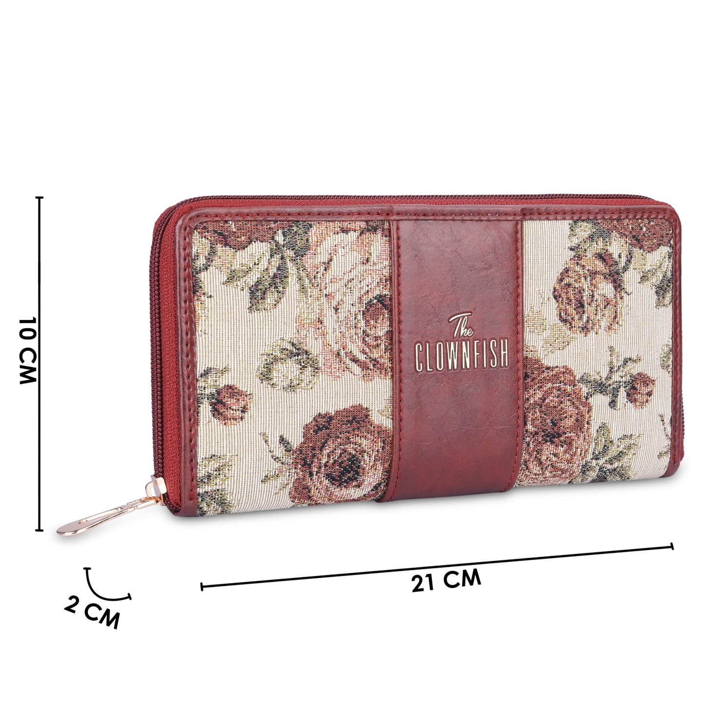 THE CLOWNFISH Aria Collection Tapestry Fabric & Faux Leather Zip Around Style Womens Wallet Clutch Ladies Purse with Card Holders (Brown- Floral)