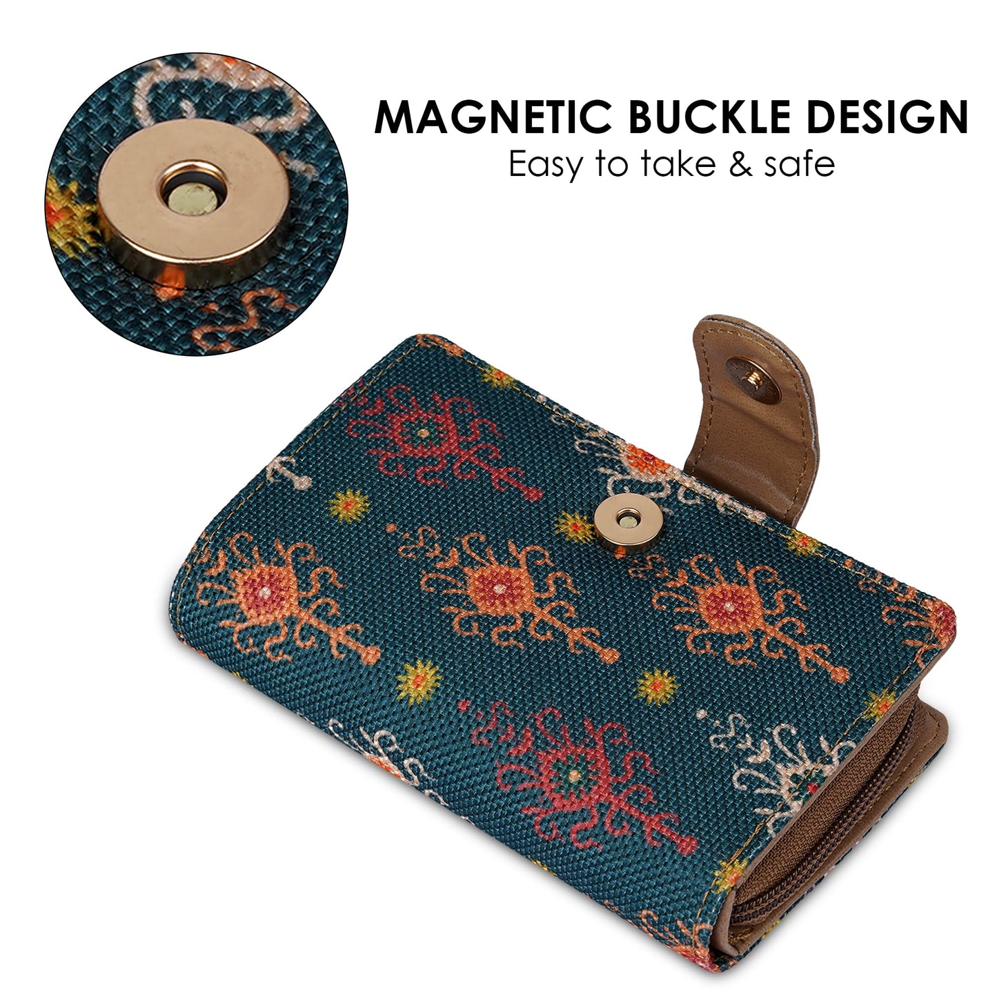 THE CLOWNFISH Fab Series Printed Handicraft Fabric & Vegan Leather Ladies Wallet Clutch Purse for Women Girls with Multiple Compartments (Green)