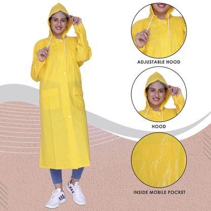 THE CLOWNFISH Indus Pro Series Women's Waterproof PVC Raincoat/Longcoat with Adjustable Hood- With Storage Bag (Yellow, XXXL)