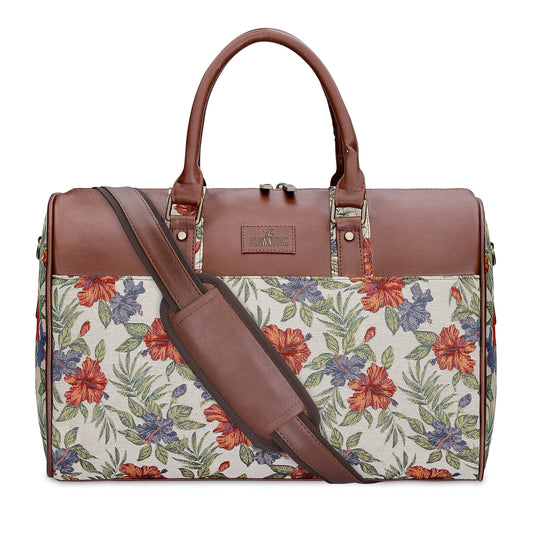 The Clownfish Brooklyn 32 litres Tapestry with Faux Leather Unisex Travel Duffle Bag Weekender Bag (Maroon-Floral)