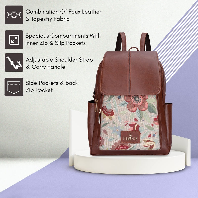 THE CLOWNFISH Medium Size Minerva Faux Leather & Tapestry Women's Standard Backpack College School Bag Casual Travel Standard Backpack For Ladies Girls (Skyblue- Floral), 10 Litre