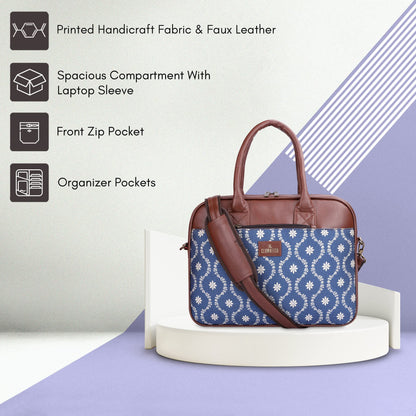 THE CLOWNFISH Deborah series 15.6 inch Laptop Bag For Women Printed Handicraft Fabric & Faux Leather Office Bag Briefcase Messenger Sling Handbag Business Bag (Royal Blue)