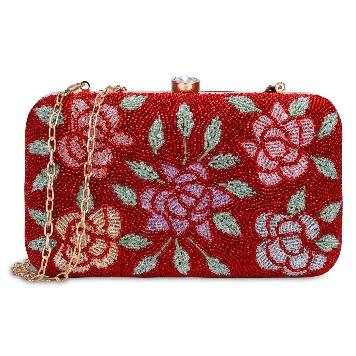 THE CLOWNFISH Norah Collection Womens Party Clutch Ladies Wallet with Chain Strap Evening Bag with Fashionable Round Corners Beads Work Floral Design (Red)