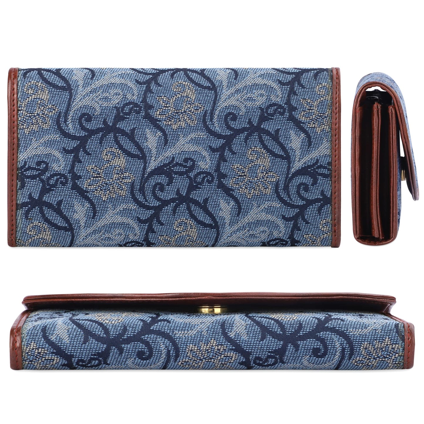 THE CLOWNFISH Mia Collection Tapestry Fabric & Faux Leather Snap Flap Closure Womens Wallet Clutch Ladies Purse with Multiple Card Holders (Blue-Floral)