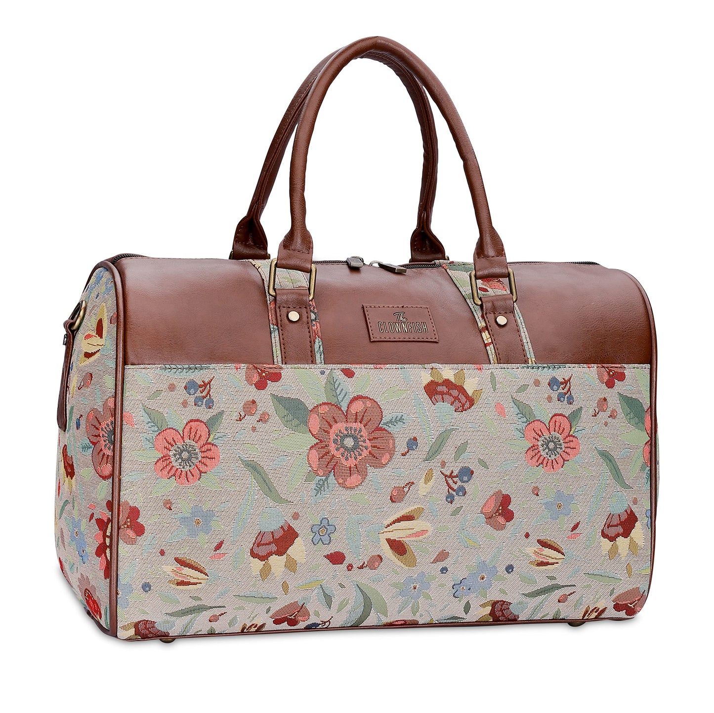 The Clownfish Brooklyn 32 litres Tapestry with Faux Leather Unisex Travel Duffle Bag Weekender Bag (Skyblue-Floral)