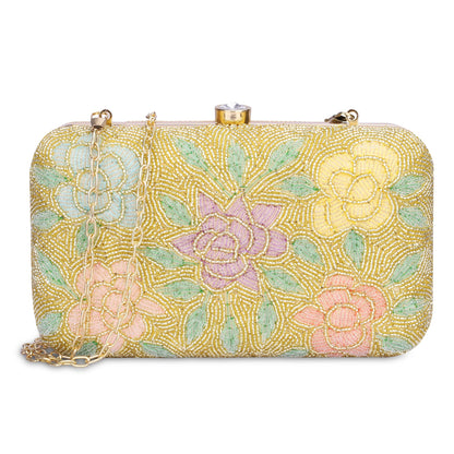 THE CLOWNFISH Norah Collection Womens Party Clutch Ladies Wallet with Chain Strap Evening Bag with Fashionable Round Corners Beads Work Floral Design (Golden)