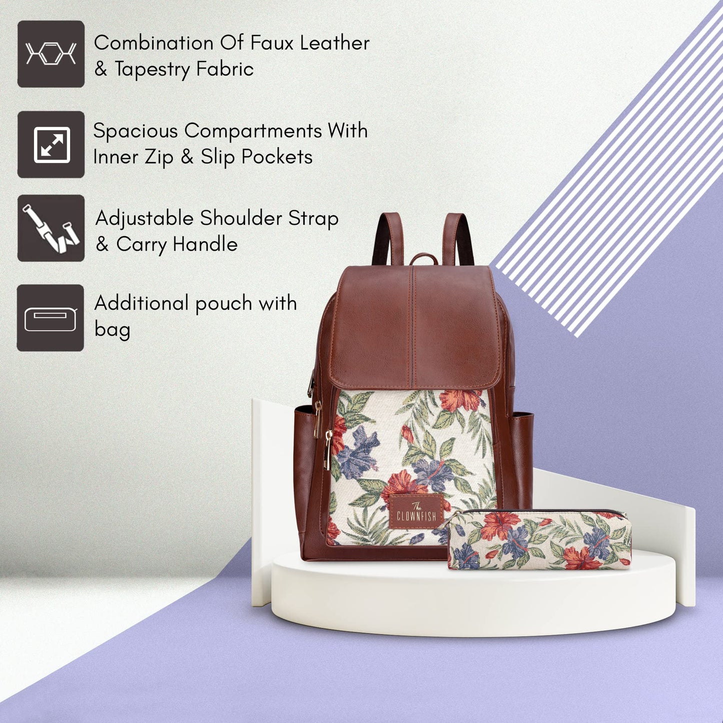 THE CLOWNFISH 10 Liters Combo Of Minerva Faux Leather & Tapestry Women's Backpack College School Girls Bag Casual Travel Backpack For Ladies & Expert Series Pencil Pouch Pen Case (Maroon-Floral)