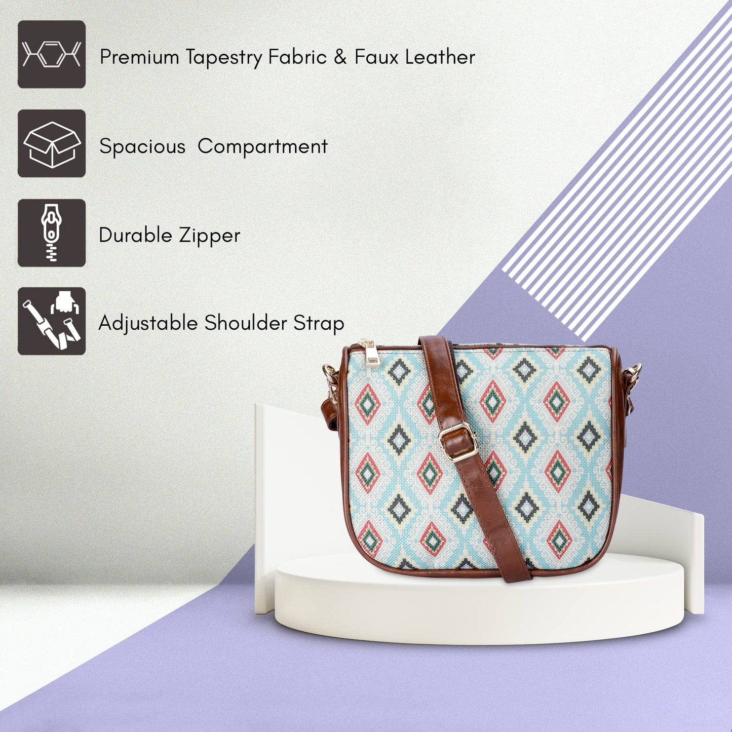 THE CLOWNFISH Garnet Series Printed Handicraft Fabric & Tapestry Crossbody Sling Bag for Women Ladies Single Shoulder Bag Shoulder Belt (Skyblue-Diamond)