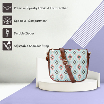 THE CLOWNFISH Garnet Series Printed Handicraft Fabric & Tapestry Crossbody Sling Bag for Women Ladies Single Shoulder Bag Shoulder Belt (Skyblue-Diamond)