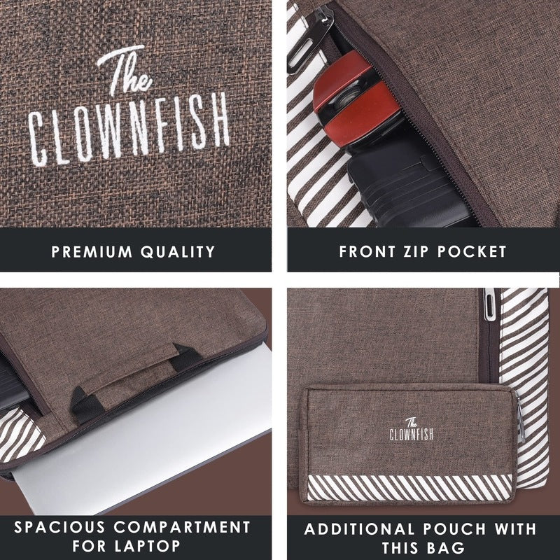 The Clownfish Combo of Rex Series Polyester 14 inch Laptop Sleeve with Comfortable Carry Handle & Scholar Series Multipurpose Polyester Travel Pouch Pencil Case Toiletry Bag (Brown)