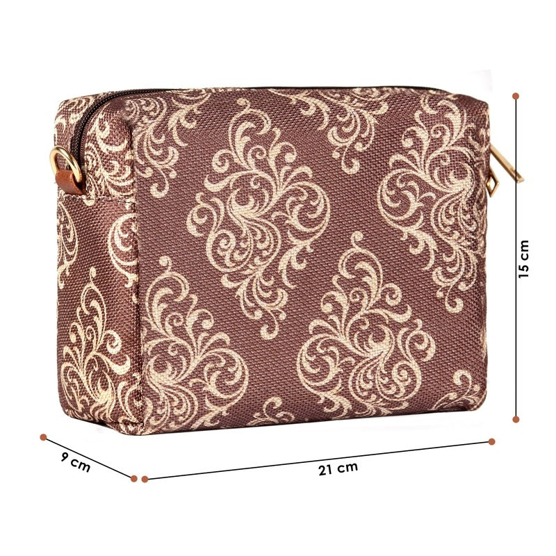 THE CLOWNFISH Isla Printed Handicraft Fabric Crossbody Sling bag for Women Casual Party Bag Purse with Adjustable Shoulder Strap and Printed Design for Ladies College Girls (Brown)