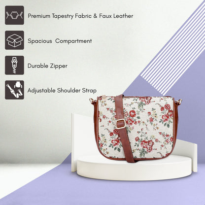 THE CLOWNFISH Garnet Series Tapestry Fabric Crossbody Sling Bag for Women Ladies Single Shoulder Bag Shoulder Belt (White-Floral)