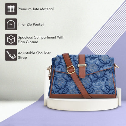 THE CLOWNFISH Odelina Series Tapestry Fabric Handbag for Women Sling Bag Office Bag Ladies Shoulder Bag with Snap Flap Closure & Shoulder Belt Totes For Women (BLUE-FLORAL)