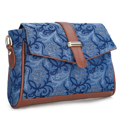 THE CLOWNFISH Odelina Series Printed Handicraft Fabric Handbag for Women Sling Bag Office Bag Ladies Shoulder Bag with Snap Flap Closure & Shoulder Belt Tote For Women (Steel Blue)