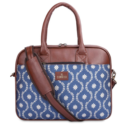 THE CLOWNFISH Deborah series 15.6 inch Laptop Bag For Women Printed Handicraft Fabric & Faux Leather Office Bag Briefcase Messenger Sling Handbag Business Bag (Royal Blue)