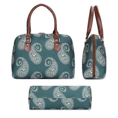 THE CLOWNFISH Montana Series Printed Handicraft Fabric & Faux leather Handbag for Women Office Bag Ladies Purse Shoulder Bag Tote For Women College Girls (Fern Green)