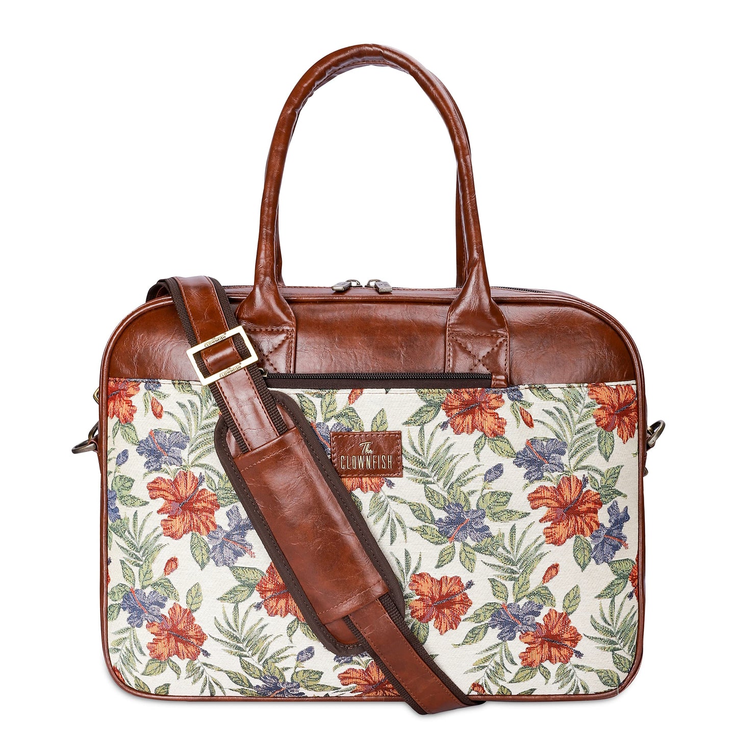 THE CLOWNFISH Deborah series 15.6 inch Laptop Bag For Women Tapestry Fabric & Faux Leather Office Bag Briefcase Messenger Sling Handbag Business Bag (Maroon-Floral)