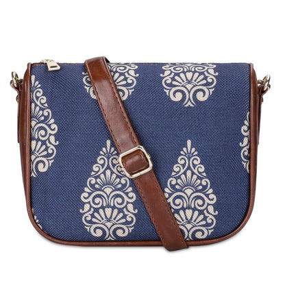 THE CLOWNFISH Garnet Series Printed Handicraft Fabric & Tapestry Crossbody Sling Bag for Women Ladies Single Shoulder Bag Shoulder Belt (Navy Blue-Design)