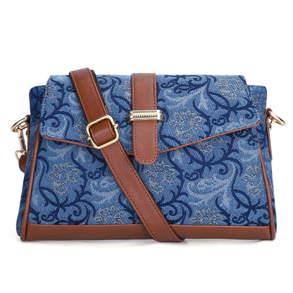 THE CLOWNFISH Odelina Series Tapestry Fabric Handbag for Women Sling Bag Office Bag Ladies Shoulder Bag with Snap Flap Closure & Shoulder Belt Totes For Women (BLUE-FLORAL)