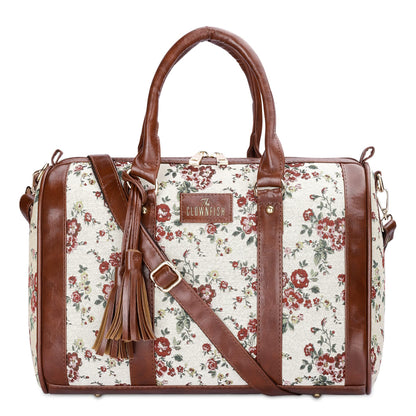 THE CLOWNFISH Lorna Printed Handicraft Fabric & Faux Leather Handbag Sling Bag for Women Office Bag Ladies Shoulder Bag Tote For Women College Girls (White-Floral)