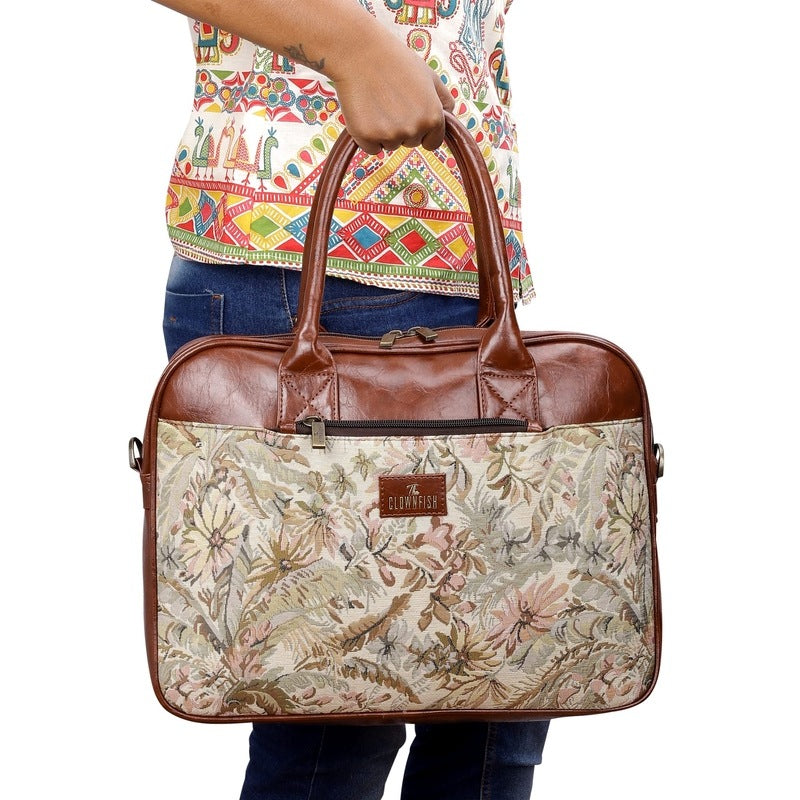 THE CLOWNFISH Deborah series 15.6 inch Laptop Bag For Women Tapestry Fabric & Faux Leather Office Bag Briefcase Messenger Sling Handbag Business Bag (Beige)