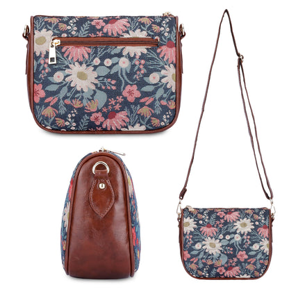 THE CLOWNFISH Garnet Series Tapestry Fabric Crossbody Sling Bag for Women Ladies Single Shoulder Bag Shoulder Belt (Purple -Floral)