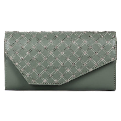 THE CLOWNFISH Helena Collection Womens Wallet Clutch Ladies Purse with Embroidery On Flap (Olive Green)