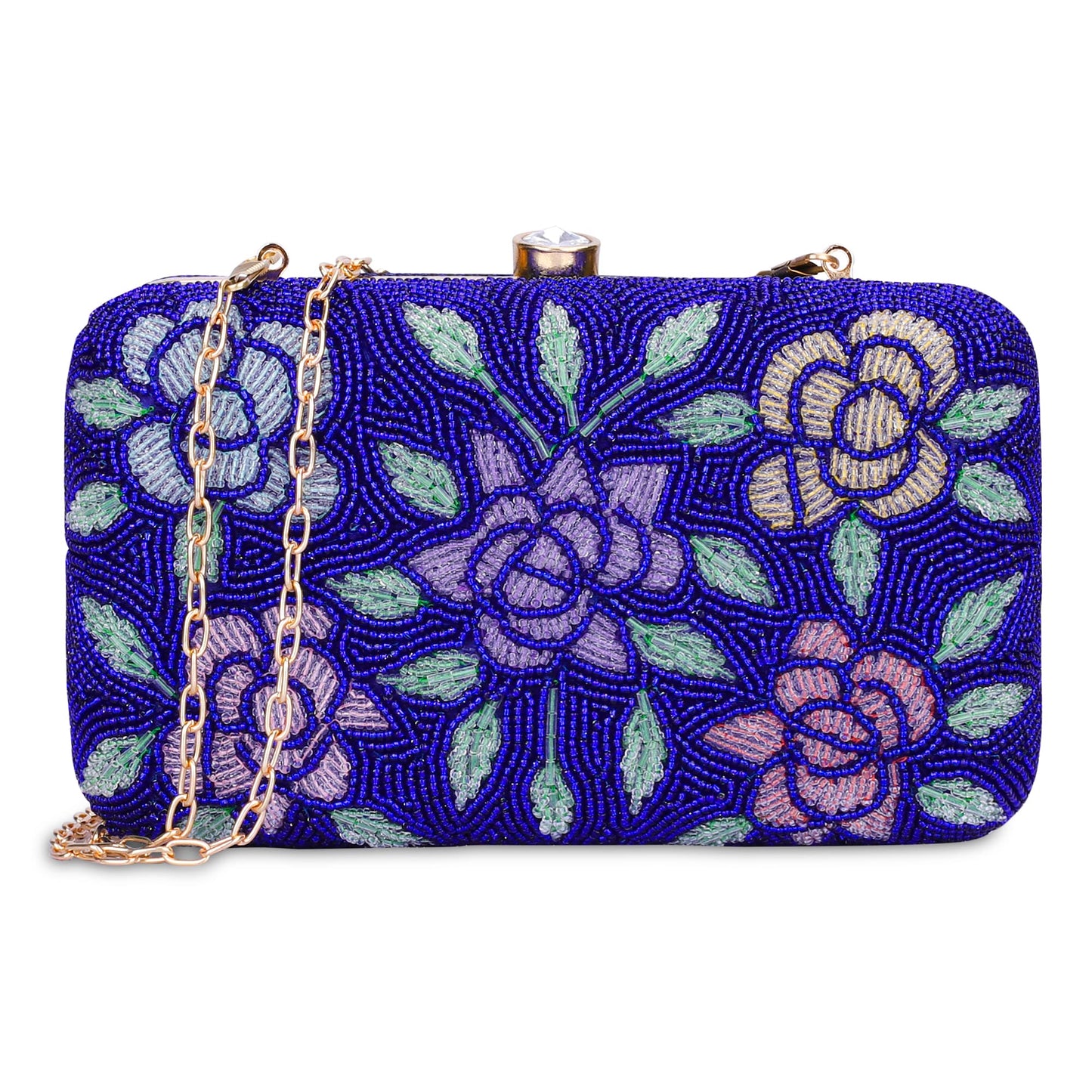 THE CLOWNFISH Norah Collection Womens Party Clutch Ladies Wallet with Chain Strap Evening Bag with Beads Work Floral Design (Royal Blue)