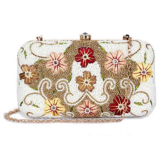 THE CLOWNFISH Senorita Collection Womens Party Clutch Ladies Wallet Evening Bag with Fashionable Round Corners Beads Work and Floral Embroidered Design (White)