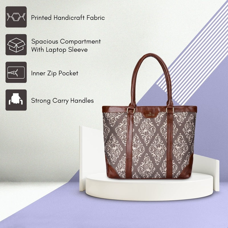 THE CLOWNFISH Miranda Series 15.6 inch Laptop Bag For Women Printed Handicraft Fabric & Faux Leather Office Bag Briefcase Hand Messenger bag Tote Shoulder Bag (Brown)