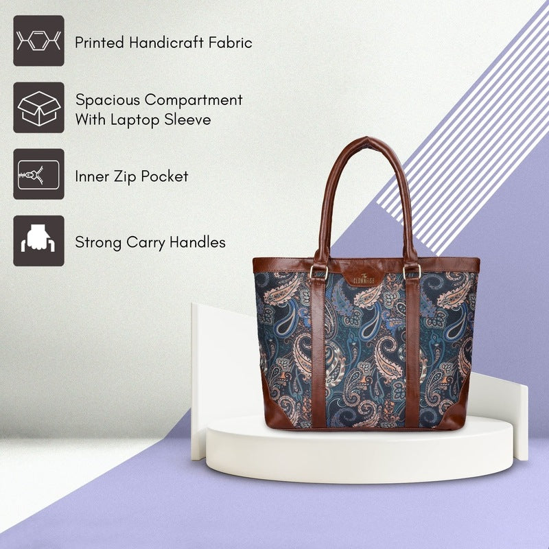 THE CLOWNFISH Miranda Series 15.6 inch Laptop Bag For Women Printed Handicraft Fabric & Faux Leather Office Bag Briefcase Hand Messenger bag Tote Shoulder Bag (Peacock Blue)