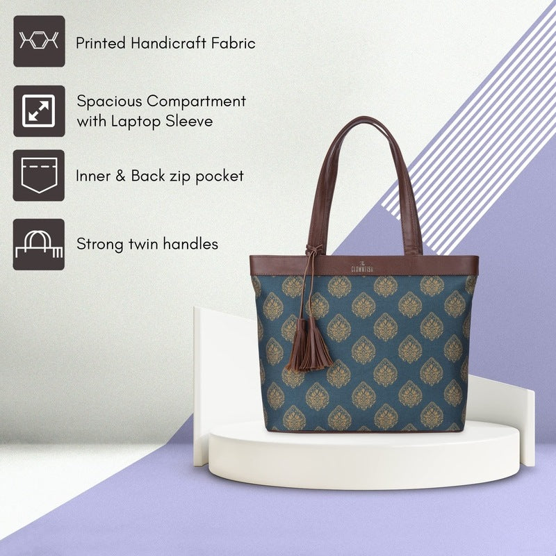 THE CLOWNFISH Casey series 15.6 inch Laptop Bag For Women Printed Handicraft Fabric & Faux Leather Office Bag Briefcase Hand Messenger bag Tote Business Bag (Peacock Blue)