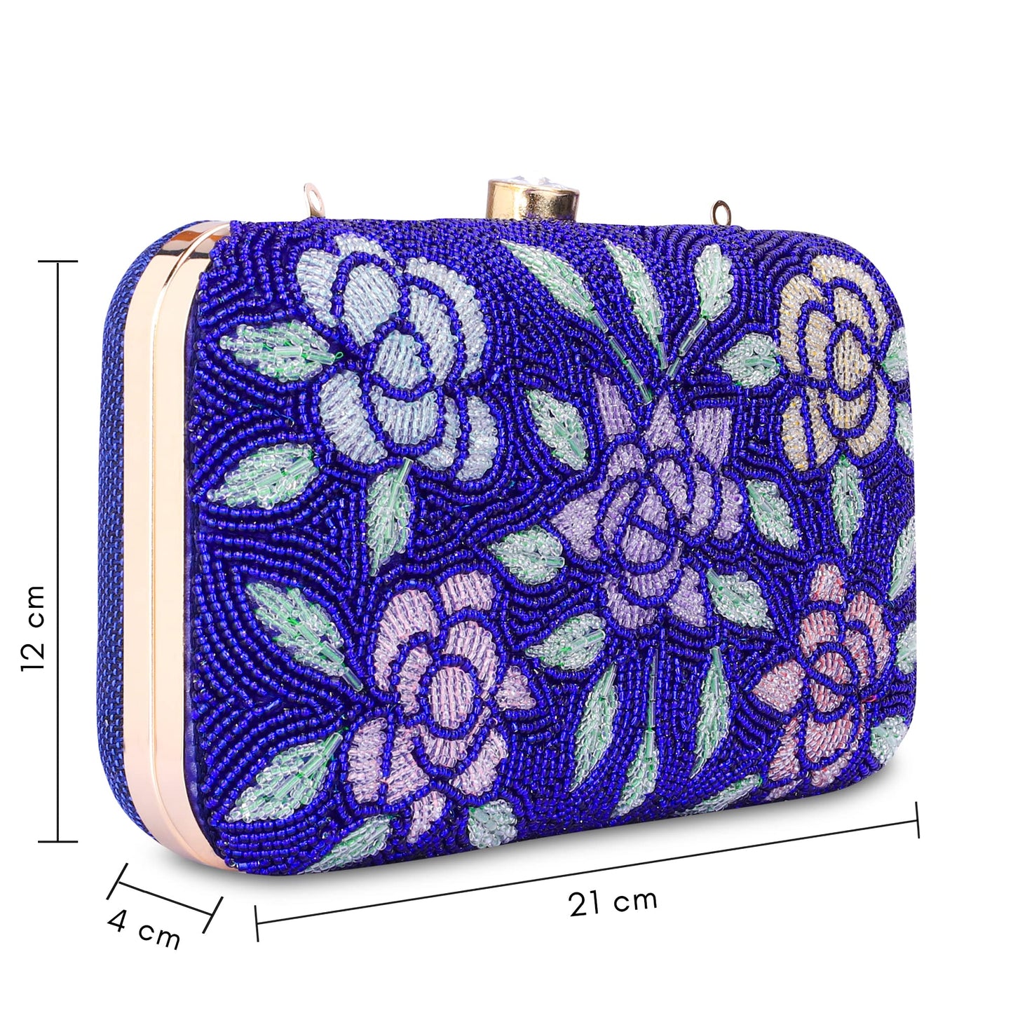 THE CLOWNFISH Norah Collection Womens Party Clutch Ladies Wallet with Chain Strap Evening Bag with Beads Work Floral Design (Royal Blue)