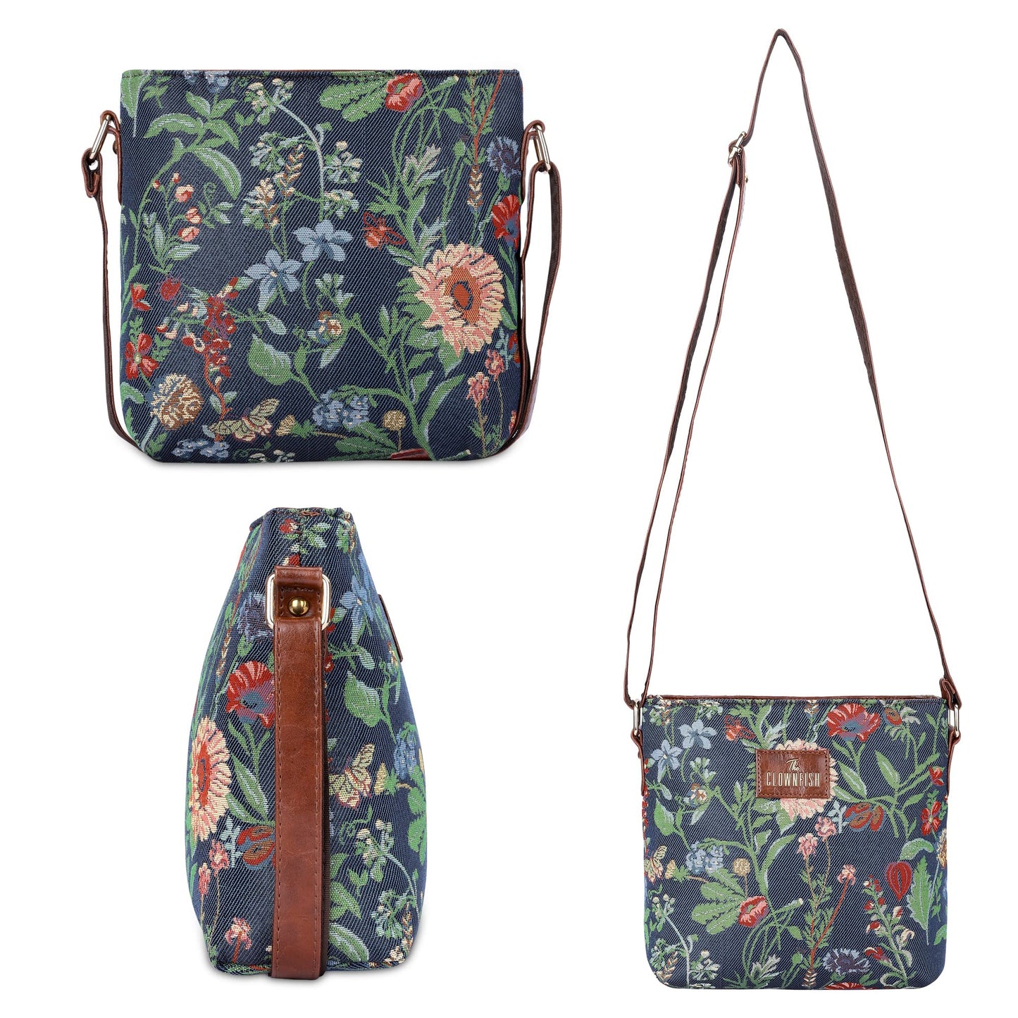 THE CLOWNFISH Combo Of Linda Sling for Women Crossbody Bag for College Girls Justina Tapestry Fabric & Faux Leather Handbag for Women (Navy Blue-Floral)