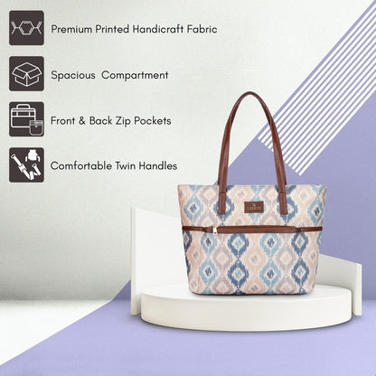 THE CLOWNFISH Concetta Printed Handicraft Fabric & Faux Leather Handbag for Women Office Bag Ladies Shoulder Bag Tote For Women College Girls (Pearl with Patola Design)