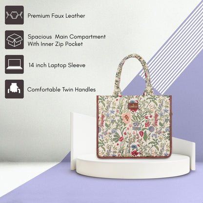 THE CLOWNFISH Ambrosia Series Tapestry Fabric 14 inch Laptop Bag Handbag For Women Box Bag Tote Office Bag Ambrosia Flax Multicolor