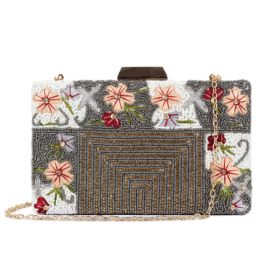 THE CLOWNFISH Senorita Collection Womens Party Clutch Ladies Wallet Evening Bag with Fashionable Beads Work and Floral Embroidered Design (Grey)