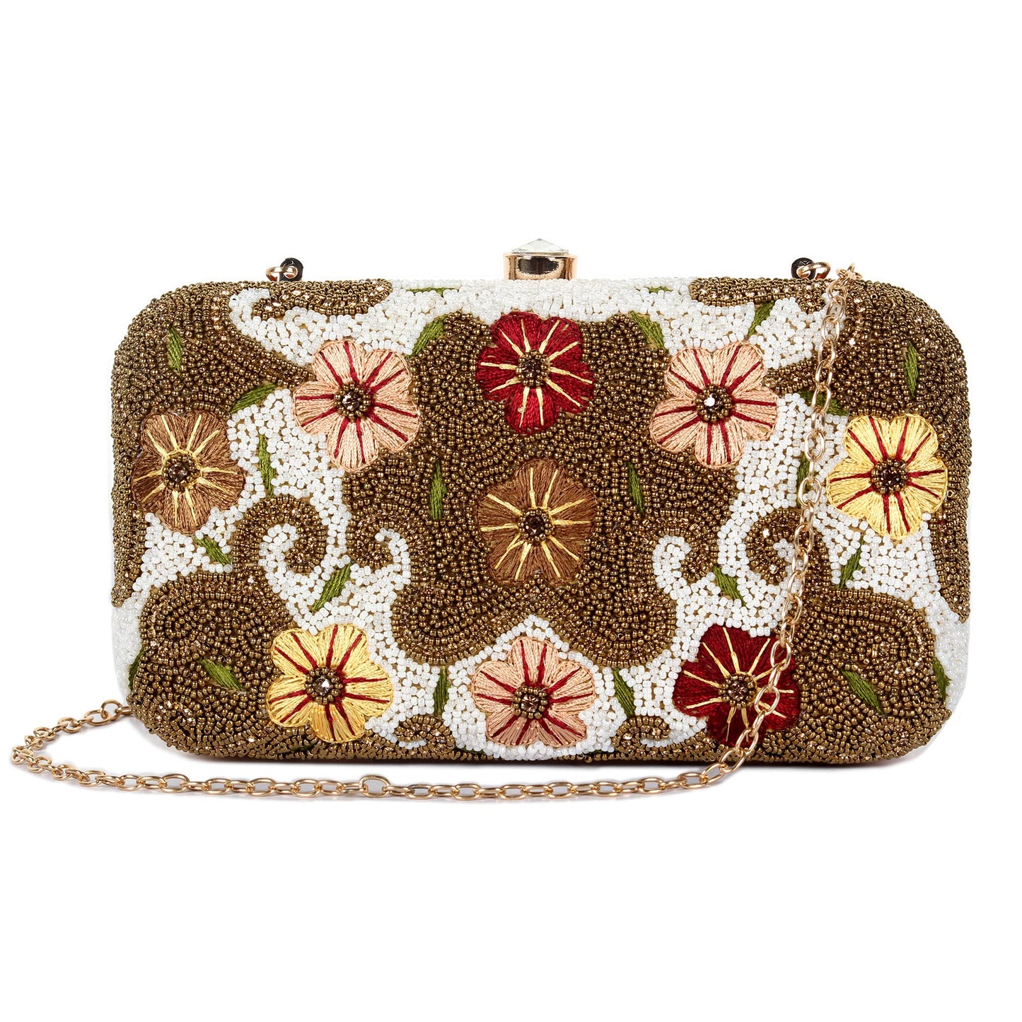 THE CLOWNFISH Senorita Collection Womens Party Clutch Ladies Wallet Evening Bag with Fashionable Round Corners Beads Work and Floral Embroidered Design (Brown)