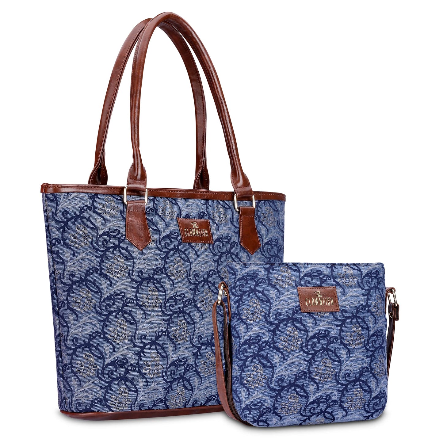 THE CLOWNFISH Combo Of Linda Sling for Women Crossbody Bag for College Girls Justina Tapestry Fabric & Faux Leather Handbag for Women (Blue-Floral)